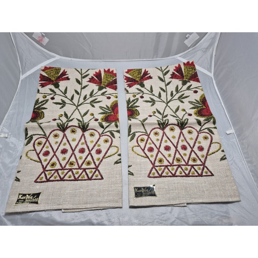 💥 John L. Gieroch Tea Towel - Vintage Early American Flower Basket Linen Towel
